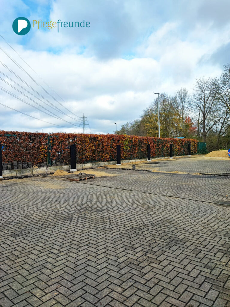 Parkplatz mit fünf schwarzen Ladesäulen. Hinten rechts ist ein Sandhaufen zu sehen